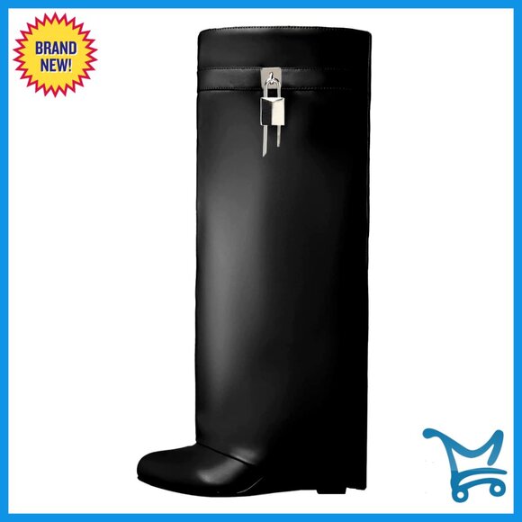 Knee High Fold Over Boots Wide Calf Wedge Heel Pointed Toe Pull On